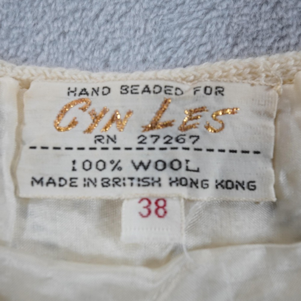 Vintage Hand Beaded Tank Womens 38 M Ivory Sequin Fringe Lambswool Camisole Top - Picture 4 of 13